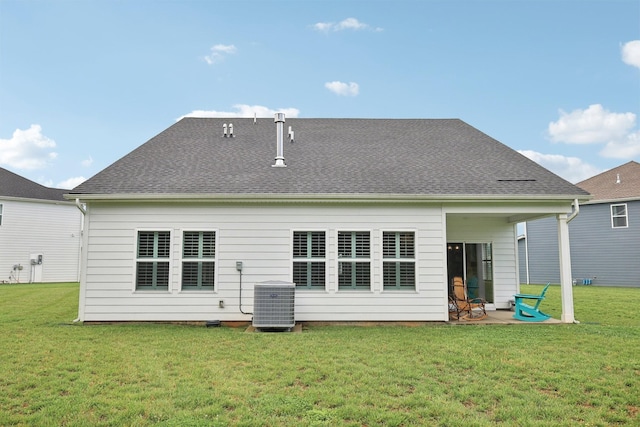 3706 Bonnie Blue Ct, Rockvale, TN 37153 - back of house featuring central air condition unit, a lawn, a patio area, and roof with shingles