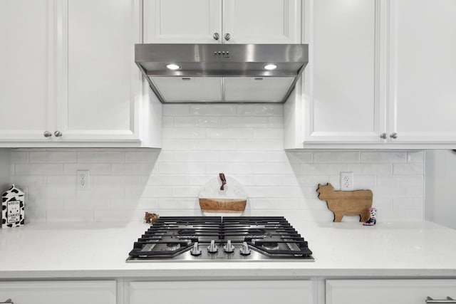 3706 Bonnie Blue Ct, Rockvale, TN 37153 - kitchen featuring under cabinet range hood, stainless steel gas stovetop, white cabinetry, and light countertops