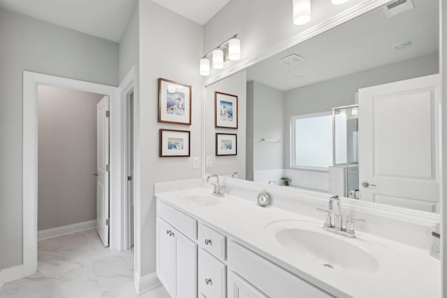 3706 Bonnie Blue Ct, Rockvale, TN 37153 - full bathroom with marble look tiles, double vanity, and baseboards