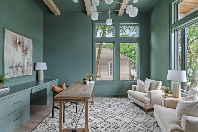 219 Chamberlin St, Nashville, TN 37209 - office featuring a chandelier, beamed ceiling, and light wood-style floors