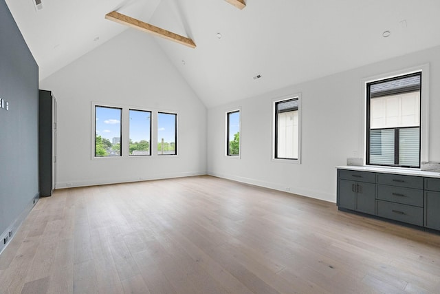 219 Chamberlin St, Nashville, TN 37209 - empty room featuring high vaulted ceiling, light wood finished floors, beam ceiling, and baseboards