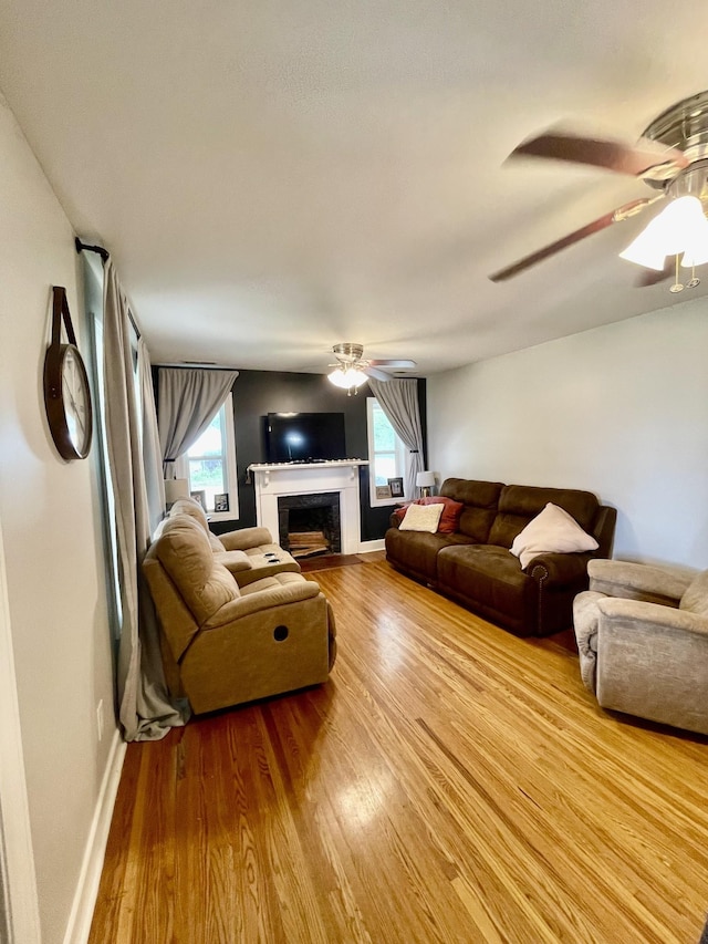233 Shelton Dr, Saint Joseph, TN 38481 - living area with ceiling fan, wood finished floors, a fireplace with flush hearth, and baseboards