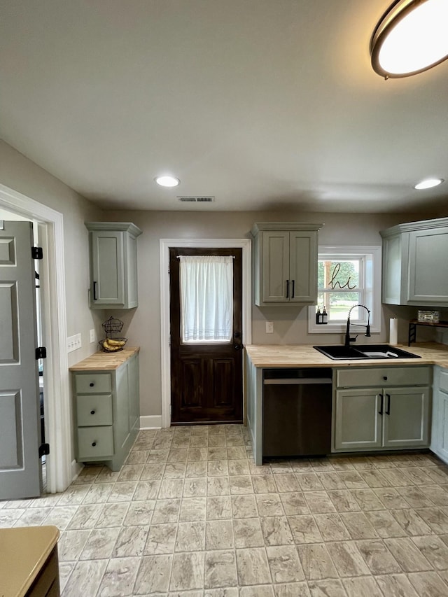233 Shelton Dr, Saint Joseph, TN 38481 - kitchen with dishwashing machine, a sink, gray cabinets, light countertops, and recessed lighting