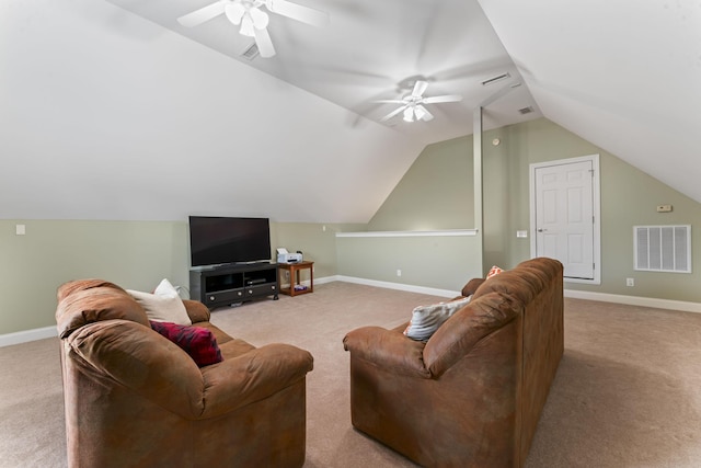 551 Bethany Cir, Murfreesboro, TN 37128 - carpeted living area featuring ceiling fan, lofted ceiling, and baseboards