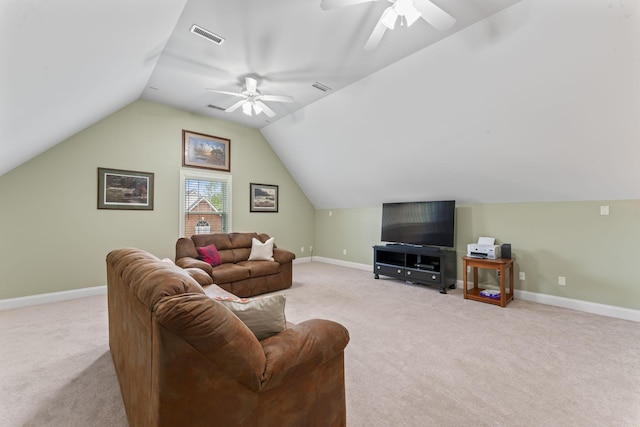 551 Bethany Cir, Murfreesboro, TN 37128 - living area with light carpet, a ceiling fan, lofted ceiling, and baseboards