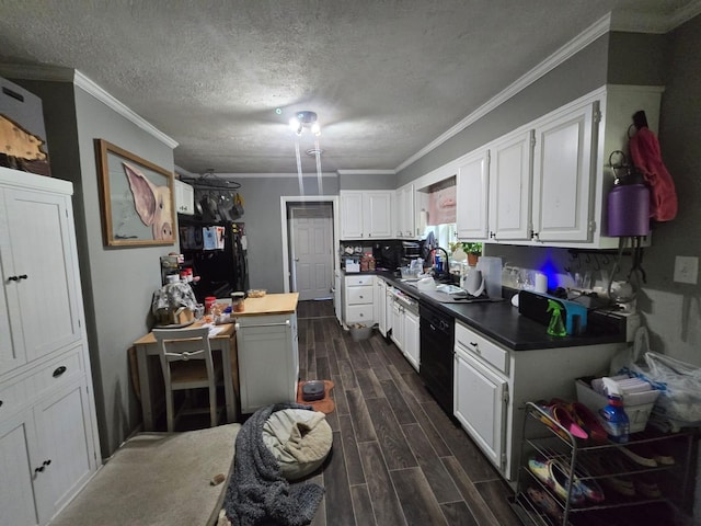 163 Bryan Ave, La Fayette, KY 42254 - kitchen featuring dark wood-style flooring, white cabinetry, black appliances, ornamental molding, and a textured ceiling