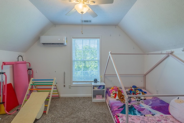 2659 Cave Springs Rd, Springfield, TN 37172 - game room with an AC wall unit, lofted ceiling, a textured ceiling, ceiling fan, and carpet floors