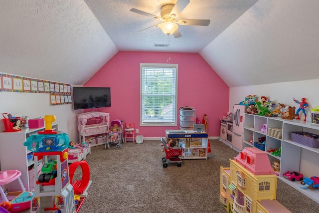 2659 Cave Springs Rd, Springfield, TN 37172 - game room featuring a textured ceiling, vaulted ceiling, a ceiling fan, carpet flooring, and baseboards