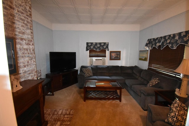 131 Scott Rd, Harriman, TN 37748 - carpeted living room with an ornate ceiling, brick wall, and cooling unit