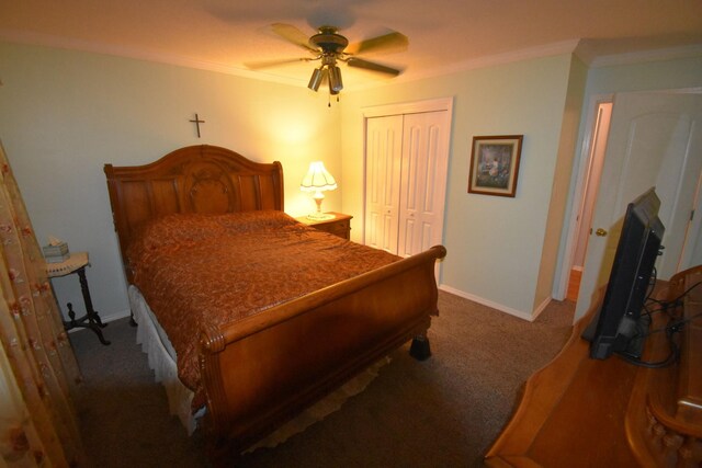 131 Scott Rd, Harriman, TN 37748 - bedroom with carpet flooring, a closet, crown molding, baseboards, and a ceiling fan