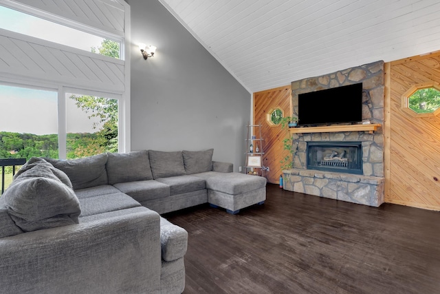 462 Clifford Dykes Rd, Tracy City, TN 37387 - living room featuring wooden walls, a stone fireplace, high vaulted ceiling, and wood finished floors