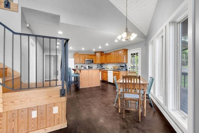 462 Clifford Dykes Rd, Tracy City, TN 37387 - dining space featuring a chandelier, recessed lighting, dark wood-type flooring, and vaulted ceiling