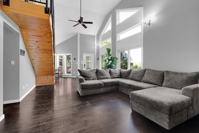 462 Clifford Dykes Rd, Tracy City, TN 37387 - living area featuring high vaulted ceiling, wood finished floors, baseboards, and a ceiling fan