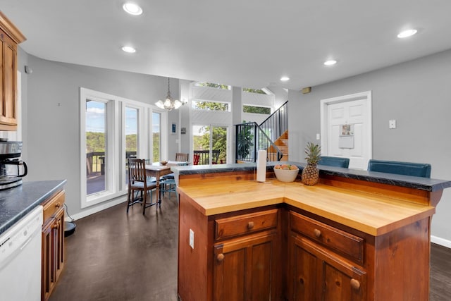 462 Clifford Dykes Rd, Tracy City, TN 37387 - kitchen featuring wood counters, dishwasher, dark wood-style flooring, recessed lighting, and a kitchen island