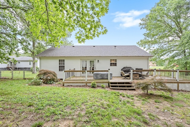 155 Deer Cir, Estill Springs, TN 37330 - rear view of house featuring a wooden deck, french doors, and roof with shingles