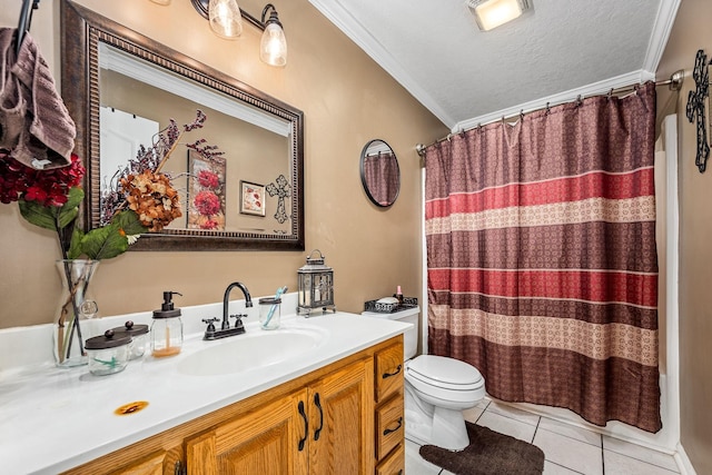 155 Deer Cir, Estill Springs, TN 37330 - bathroom with tile patterned floors, crown molding, toilet, vanity, and a textured ceiling
