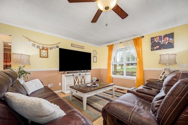155 Deer Cir, Estill Springs, TN 37330 - living room featuring ornamental molding, a ceiling fan, wood finished floors, and baseboards