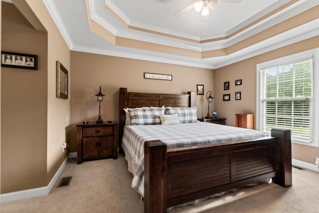 1383 Smith Chapel Rd, Shelbyville, TN 37160 - bedroom with light carpet, crown molding, a tray ceiling, baseboards, and ceiling fan