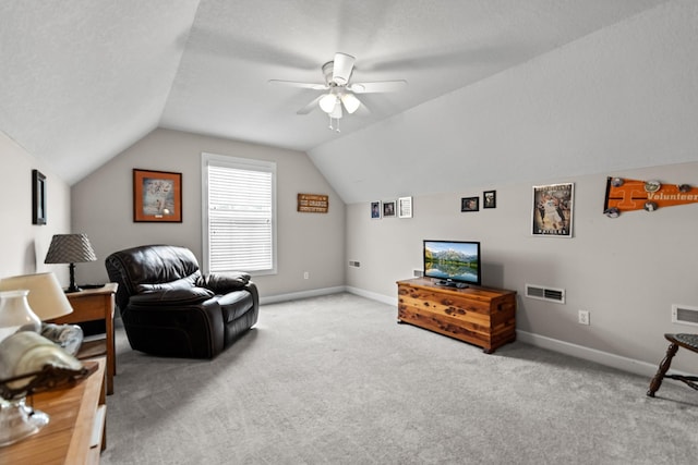 1383 Smith Chapel Rd, Shelbyville, TN 37160 - living area with lofted ceiling, carpet floors, a ceiling fan, and baseboards