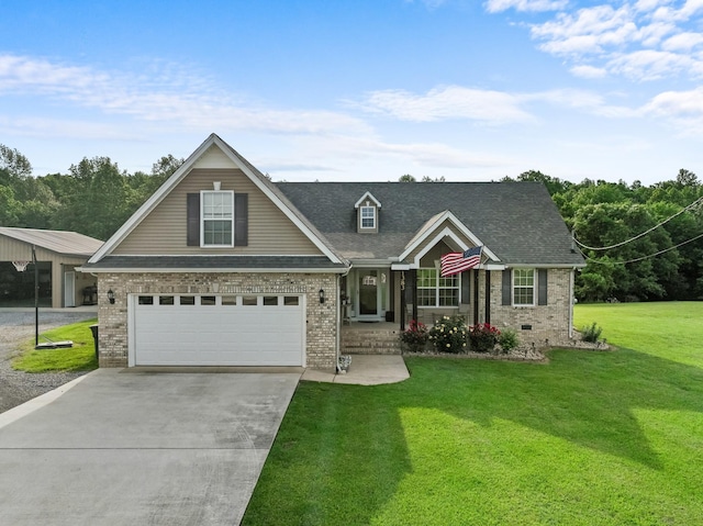 1383 Smith Chapel Rd, Shelbyville, TN 37160 - view of front of home featuring brick siding, driveway, a front yard, an attached garage, and roof with shingles