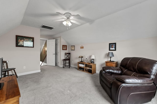 1383 Smith Chapel Rd, Shelbyville, TN 37160 - living area with vaulted ceiling, an upstairs landing, a ceiling fan, carpet floors, and baseboards