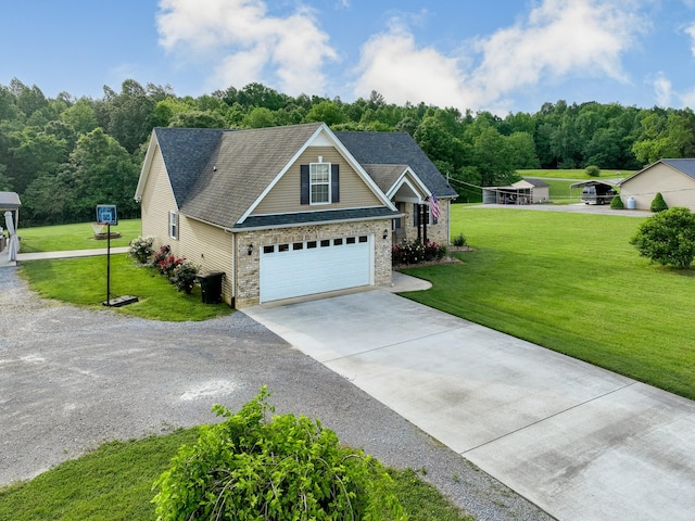 1383 Smith Chapel Rd, Shelbyville, TN 37160 - view of front of house featuring concrete driveway, a front yard, a garage, brick siding, and roof with shingles