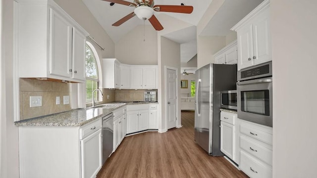517 Eversholt Ct, Antioch, TN 37013 - kitchen with appliances with stainless steel finishes, a sink, ceiling fan, wood finished floors, and light stone counters