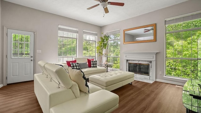 517 Eversholt Ct, Antioch, TN 37013 - living area featuring a ceiling fan, wood finished floors, baseboards, and a fireplace