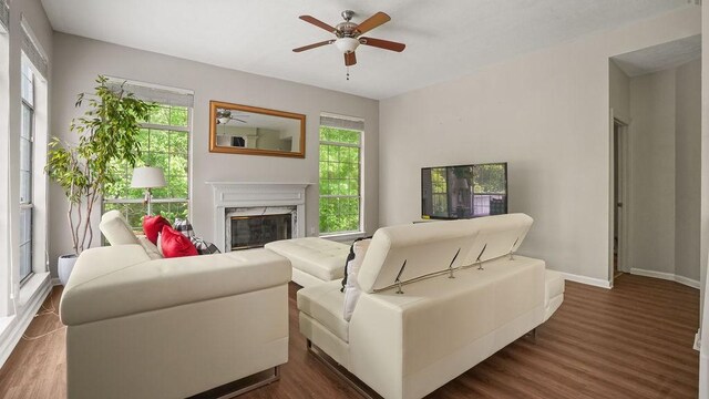 517 Eversholt Ct, Antioch, TN 37013 - living room featuring a ceiling fan, a premium fireplace, dark wood-style floors, and baseboards