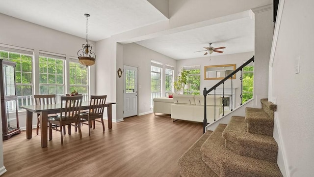 517 Eversholt Ct, Antioch, TN 37013 - dining space with wood finished floors, stairs, baseboards, and a ceiling fan