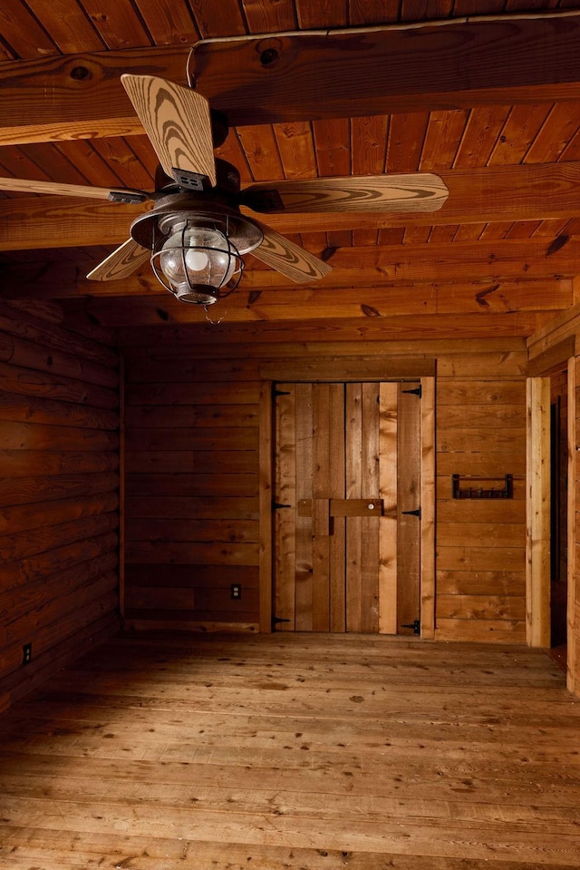 1794 Mosley Ferry Rd, Chapmansboro, TN 37035 - spare room with wood ceiling, ceiling fan, wooden walls, wood-type flooring, and beam ceiling