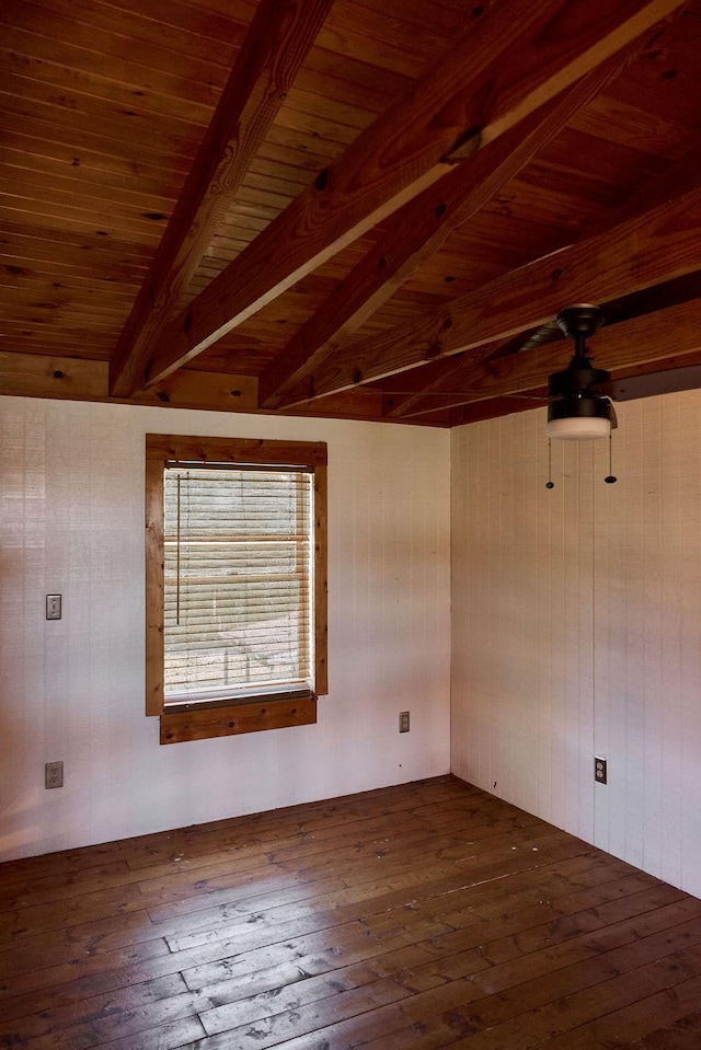 1794 Mosley Ferry Rd, Chapmansboro, TN 37035 - empty room featuring hardwood / wood-style floors, beam ceiling, ceiling fan, wood walls, and wooden ceiling