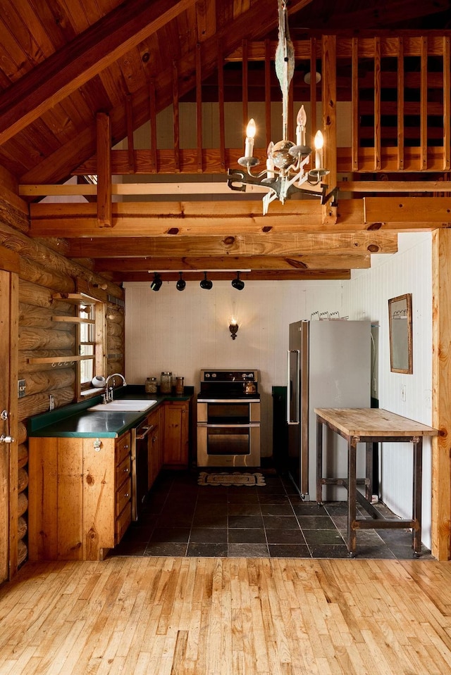 1794 Mosley Ferry Rd, Chapmansboro, TN 37035 - kitchen with stainless steel appliances, dark wood-type flooring, a chandelier, log walls, and a sink