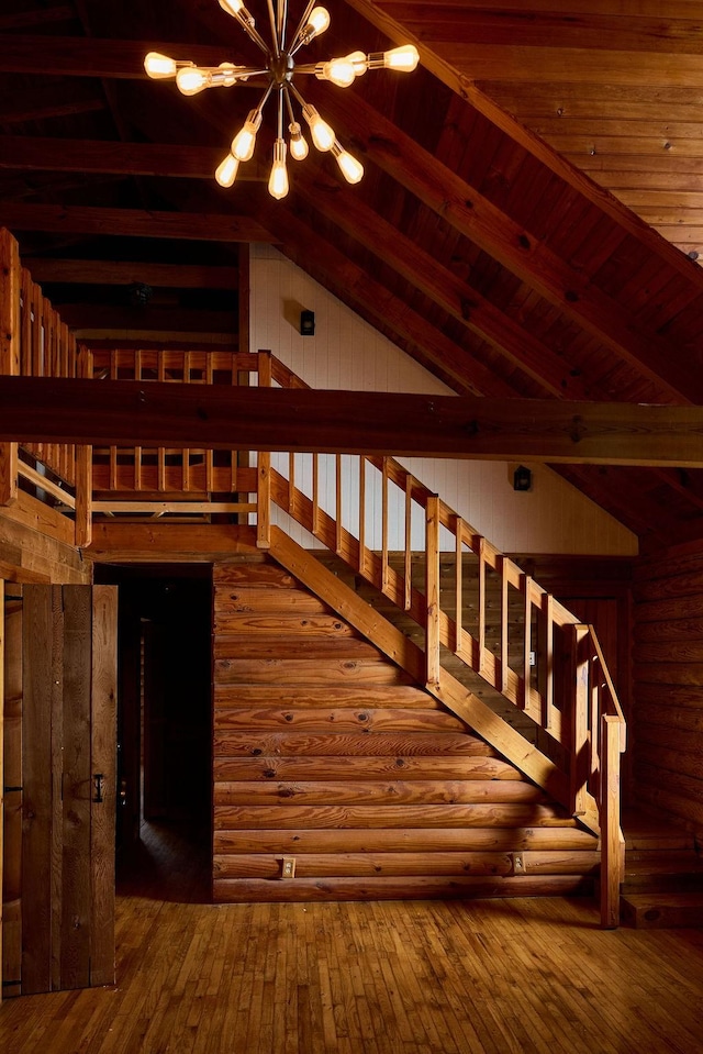 1794 Mosley Ferry Rd, Chapmansboro, TN 37035 - staircase featuring hardwood / wood-style floors, a chandelier, and wooden walls