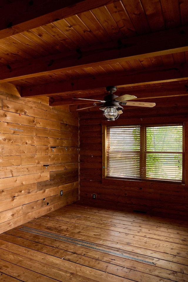 1794 Mosley Ferry Rd, Chapmansboro, TN 37035 - empty room with beamed ceiling, hardwood / wood-style floors, wooden ceiling, ceiling fan, and wood walls