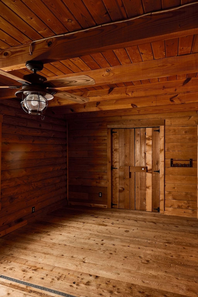 1794 Mosley Ferry Rd, Chapmansboro, TN 37035 - empty room with wooden ceiling, beam ceiling, wood-type flooring, a ceiling fan, and wooden walls