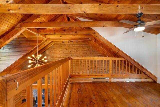 1794 Mosley Ferry Rd, Chapmansboro, TN 37035 - stairway featuring ceiling fan, wood walls, wood-type flooring, and wooden ceiling