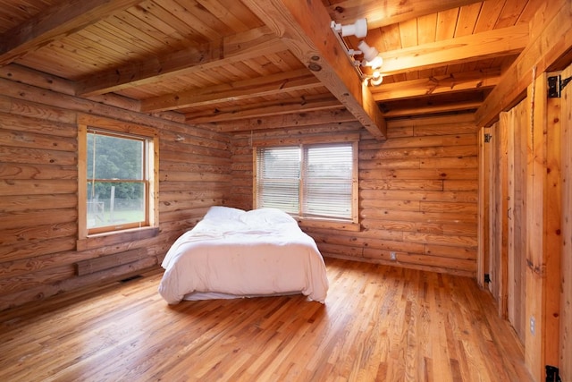 1794 Mosley Ferry Rd, Chapmansboro, TN 37035 - bedroom featuring wooden ceiling with exposed beams, light wood finished floors, and rustic walls