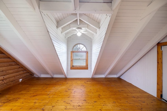 1794 Mosley Ferry Rd, Chapmansboro, TN 37035 - detailed view of wood finished floors, ceiling fan, and wood ceiling with exposed beams
