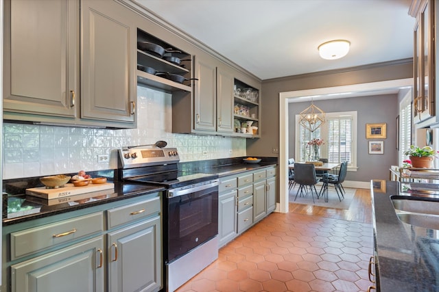 2209 Natchez Trce, Nashville, TN 37212 - kitchen featuring stainless steel range with electric stovetop, gray cabinetry, tasteful backsplash, crown molding, and open shelves