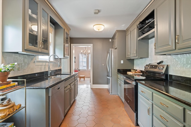 2209 Natchez Trce, Nashville, TN 37212 - kitchen featuring appliances with stainless steel finishes, a sink, tasteful backsplash, a chandelier, and dark stone countertops