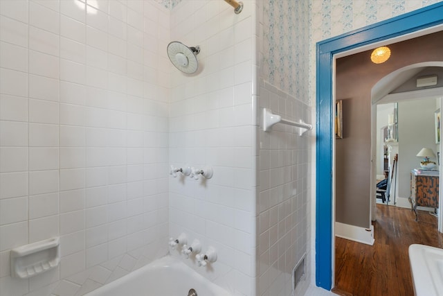 2209 Natchez Trce, Nashville, TN 37212 - full bathroom with wood finished floors, wallpapered walls, and bathing tub / shower combination