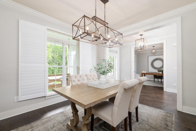 2060 Bushnell Farm Dr, Franklin, TN 37064 - dining area featuring a chandelier, ornamental molding, baseboards, and dark wood-style flooring