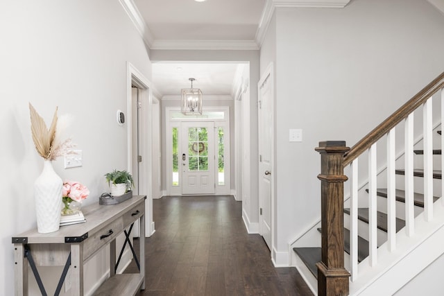 2060 Bushnell Farm Dr, Franklin, TN 37064 - entryway with a chandelier, dark wood-style flooring, ornamental molding, stairs, and baseboards