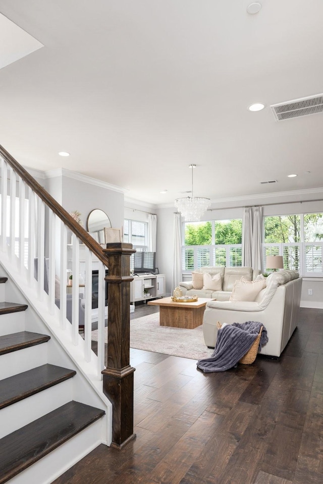 2060 Bushnell Farm Dr, Franklin, TN 37064 - living room featuring dark wood-type flooring, healthy amount of natural light, stairway, crown molding, and recessed lighting
