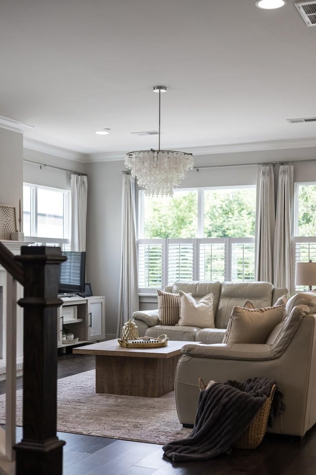 2060 Bushnell Farm Dr, Franklin, TN 37064 - living room with ornamental molding, dark wood-style flooring, recessed lighting, and a chandelier