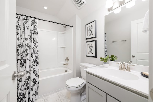 2060 Bushnell Farm Dr, Franklin, TN 37064 - full bath featuring marble look tile flooring, vanity, toilet, shower / bathtub combination with curtain, and recessed lighting