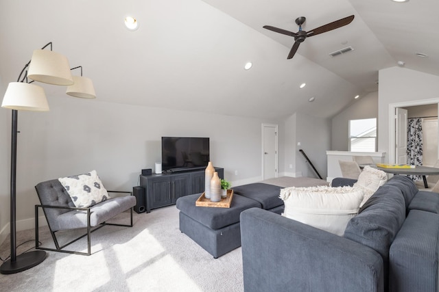 2060 Bushnell Farm Dr, Franklin, TN 37064 - living room with light colored carpet, lofted ceiling, a ceiling fan, and recessed lighting