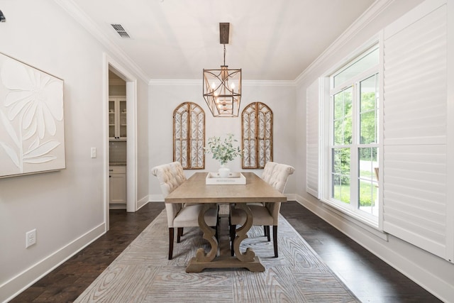 2060 Bushnell Farm Dr, Franklin, TN 37064 - dining room with healthy amount of natural light, a chandelier, ornamental molding, baseboards, and dark wood-style flooring