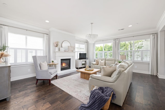 2060 Bushnell Farm Dr, Franklin, TN 37064 - living area with crown molding, baseboards, dark wood finished floors, a brick fireplace, and a chandelier